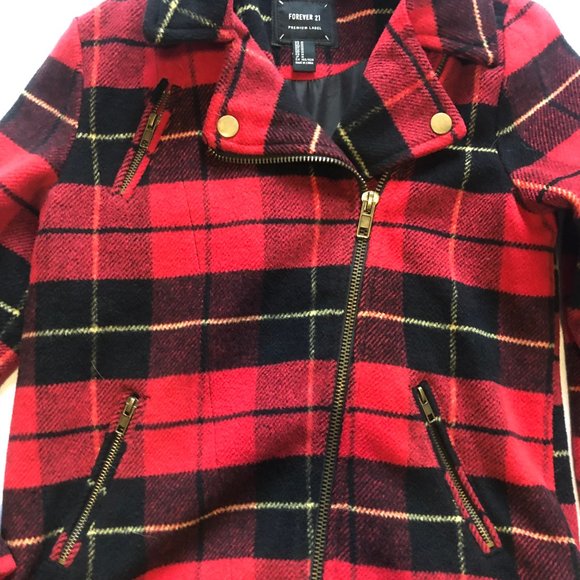 Forever 21 Premium Label Wool-Blend Buffalo Plaid Moto Zip-Up Jacket - Picture 4 of 8